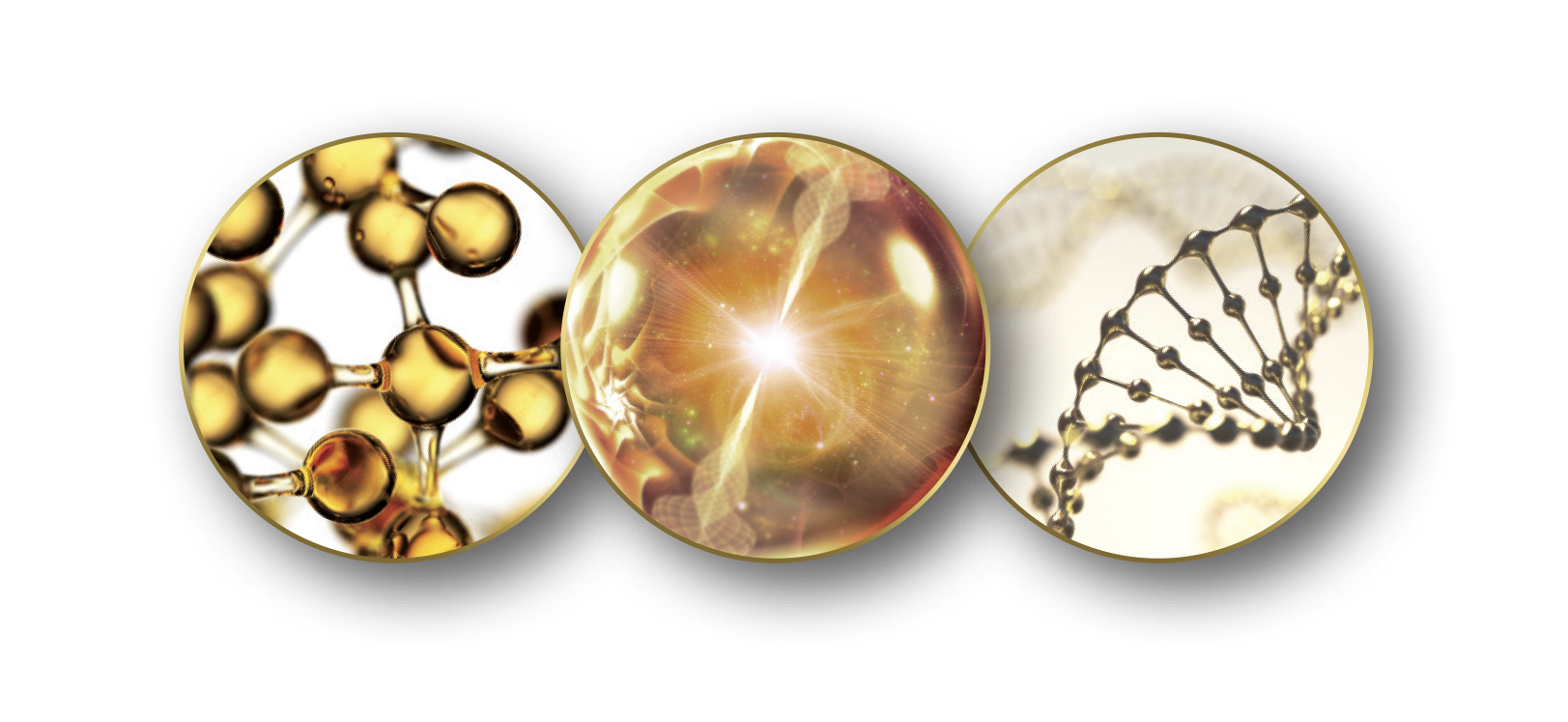 Drei runde Darstellungen mit Molekülstruktur, leuchtender Kugel und DNA-Doppelhelix