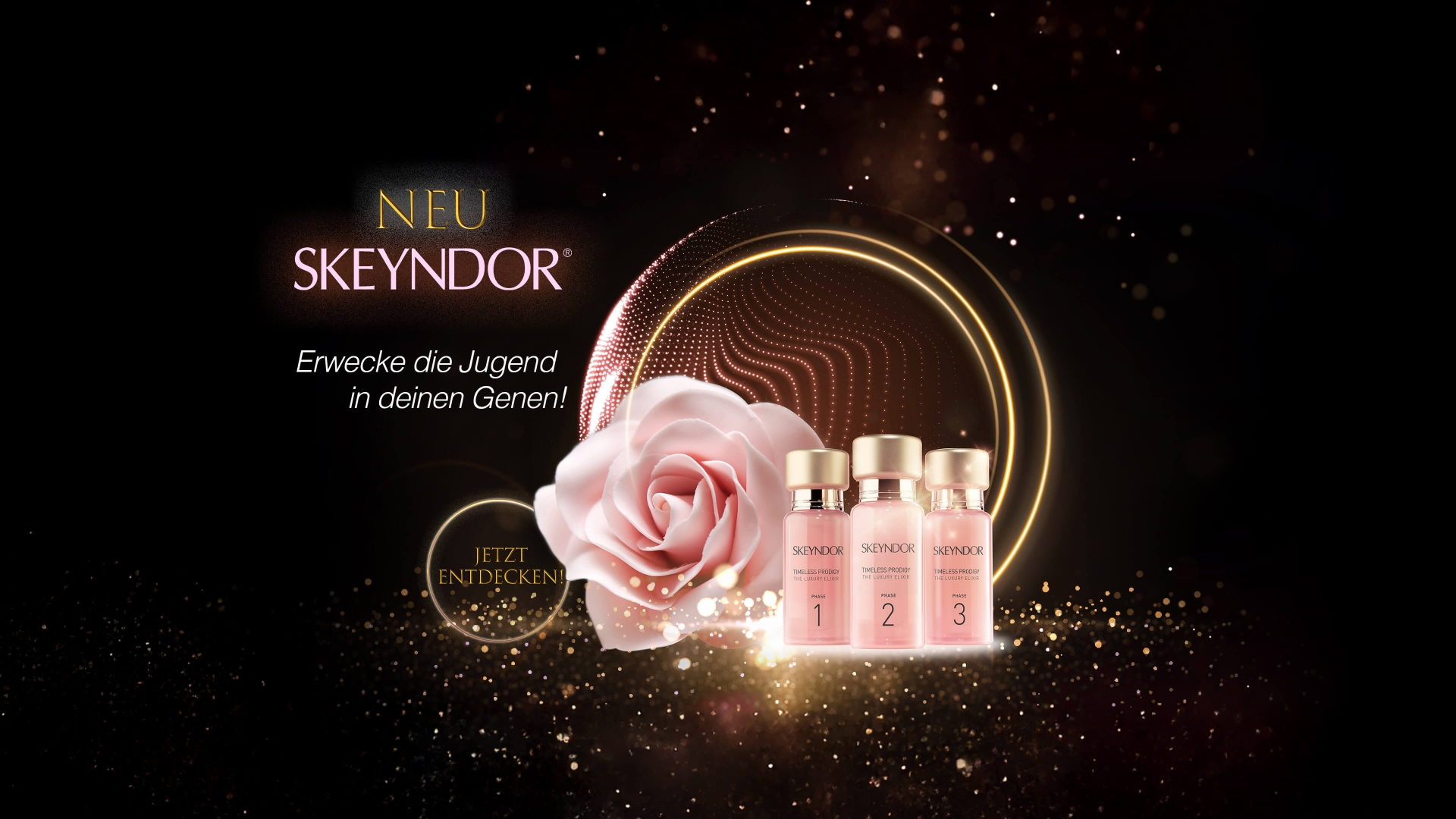 Drei rosa Skeyndor-Fläschchen mit goldfarbenen Verschlüssen vor einem goldenen Kreis und einer rosa Rose auf schwarzem Hintergrund mit goldenen Lichtpunkten